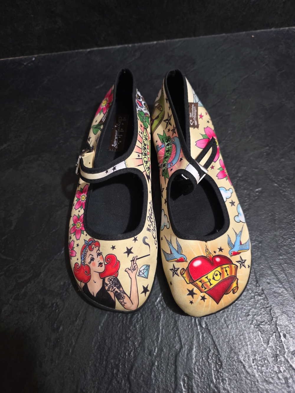 Chocolate Cream Multi Tattoo-Print Mary Jane Flats Size 37 Hot Chocolate Design